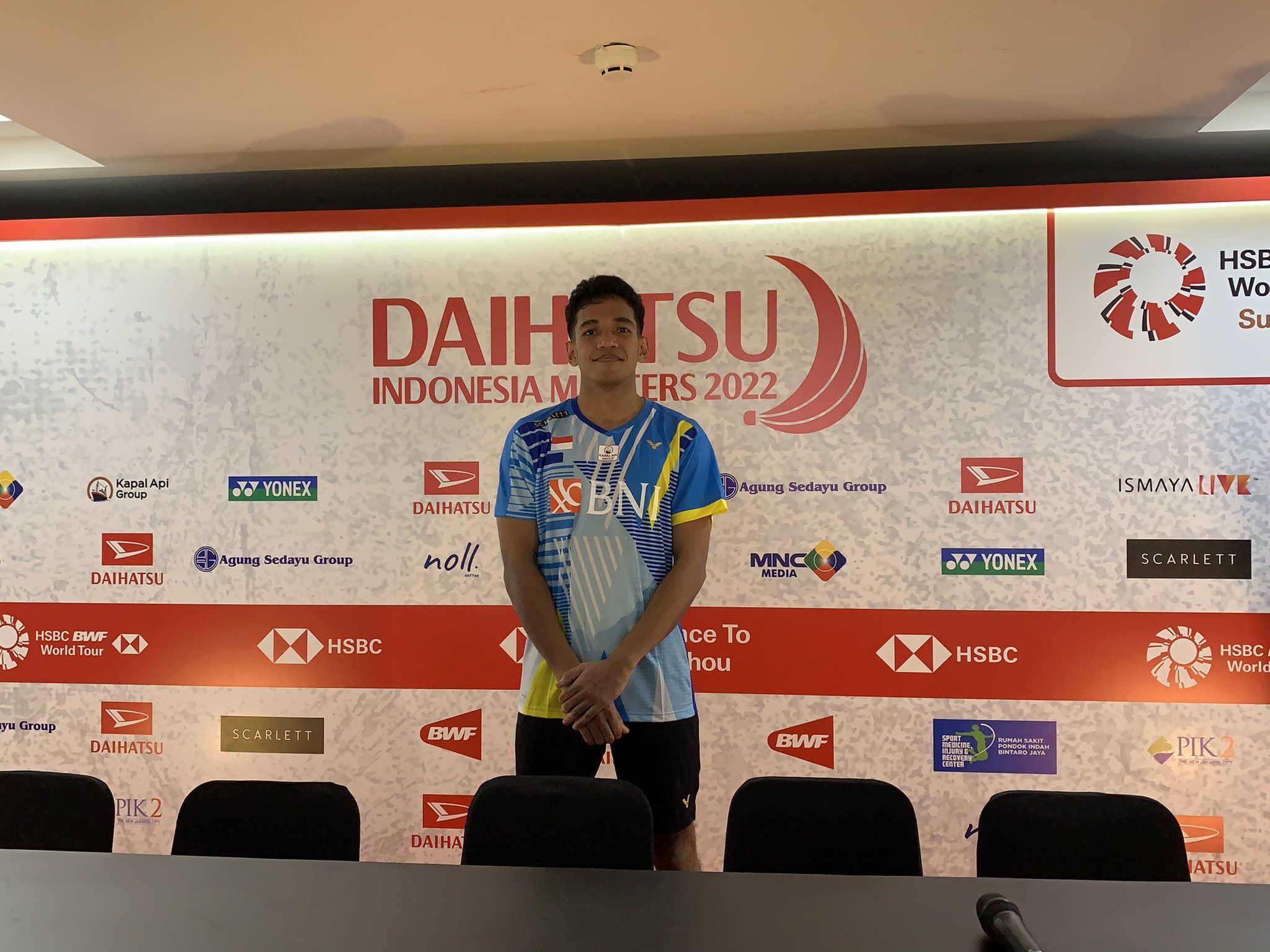Chico Aura Dwi Wardoyo saat sesi konpres usai laga babak kualifikasi Indonesia Masters 2022, Selasa (7/6/2022).