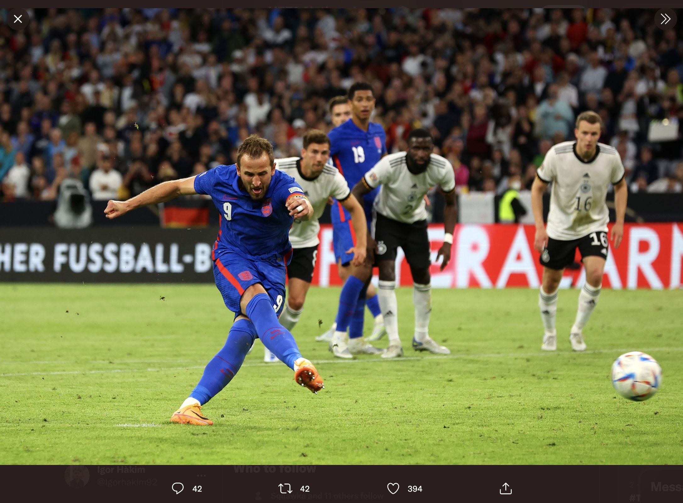 UEFA Nations League, Jerman vs Inggris: Harry Kane saat mencetak gol penalti, Rabu (8/6/2022).
