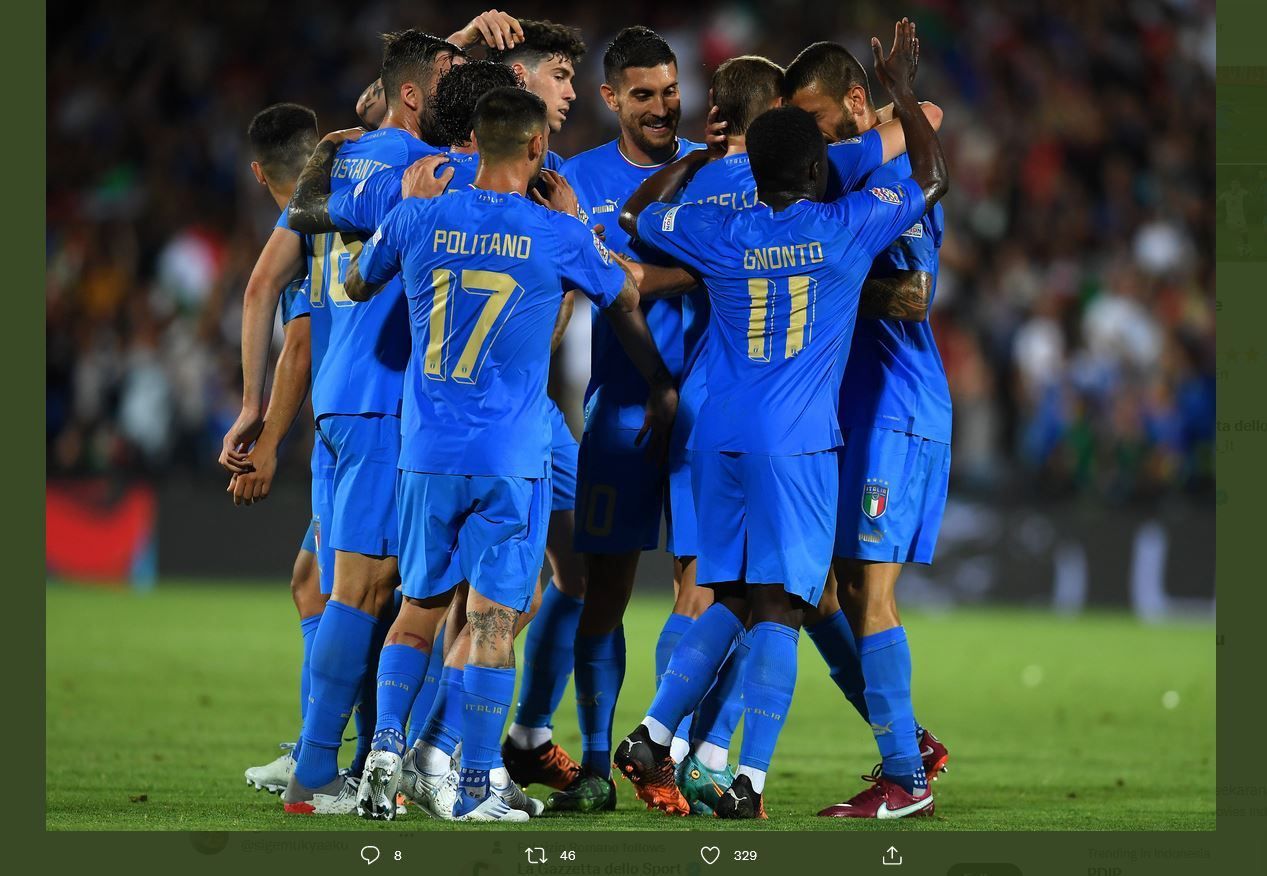 Skuad Italia merayakan gol ke gawang Hungaria di ajang UEFA Nations League, Rabu (8/6/2022) dini hari WIB.