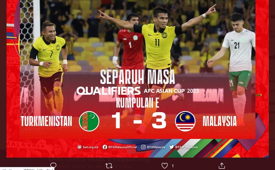 Pemain Malaysia, Safawi Rasid, merayakan gol dalam laga lawan Turkmenistan, Rabu (8/6/2022) malam WIB.
