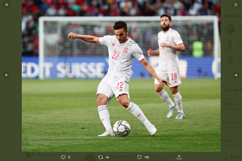 Pablo Sarabia, pencetak gol untuk timnas Spanyol saat melawan Swiss dalam lanjutan UEFA Nations League, Jumat (10/6/2022) dini hari WIB. 