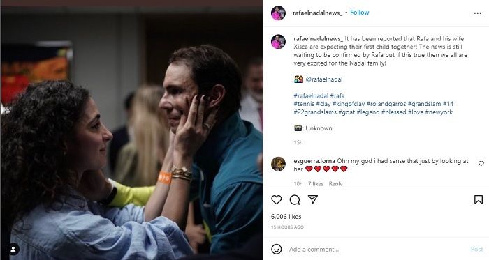 Mery Perell&oacute; mencubit lembut pipi sang suami. Rafael Nadal, setelah memenangkan gelar Roland Garros ke-14 sepekan lalu.