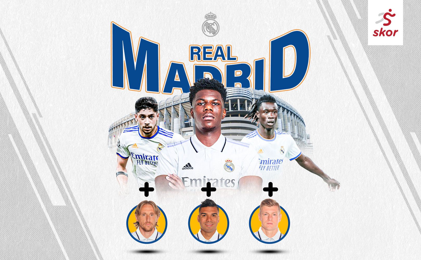 Federico Valverde (Kiri), Aurelien Tochouameni (tengah), dan Eduardo Camavinga, akan menggantikan Luka Modric, Casemiro, dan Toni Kroos di Real Madrid.