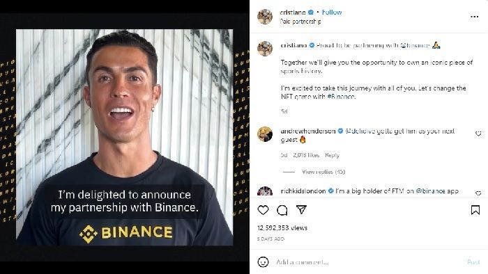 Cristiano Ronaldo mengumumkan kabar bahwa dia telah bergabung dengan bisnis NFT melalui video di Instagram pekan lalu. 