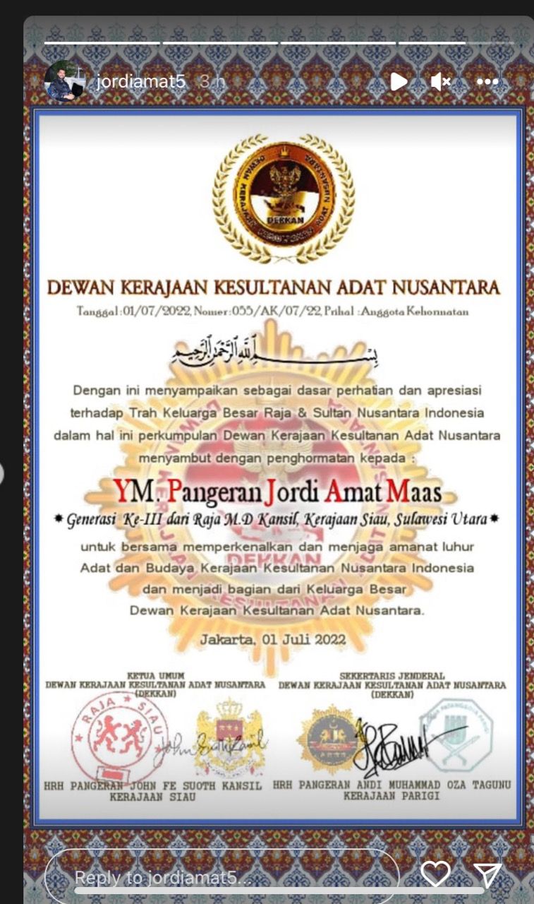 Unggahan Jordi Amat soal dirinya mendapat gelar dari Kesultanan Adat Nusantara, 1 Juli 2022.