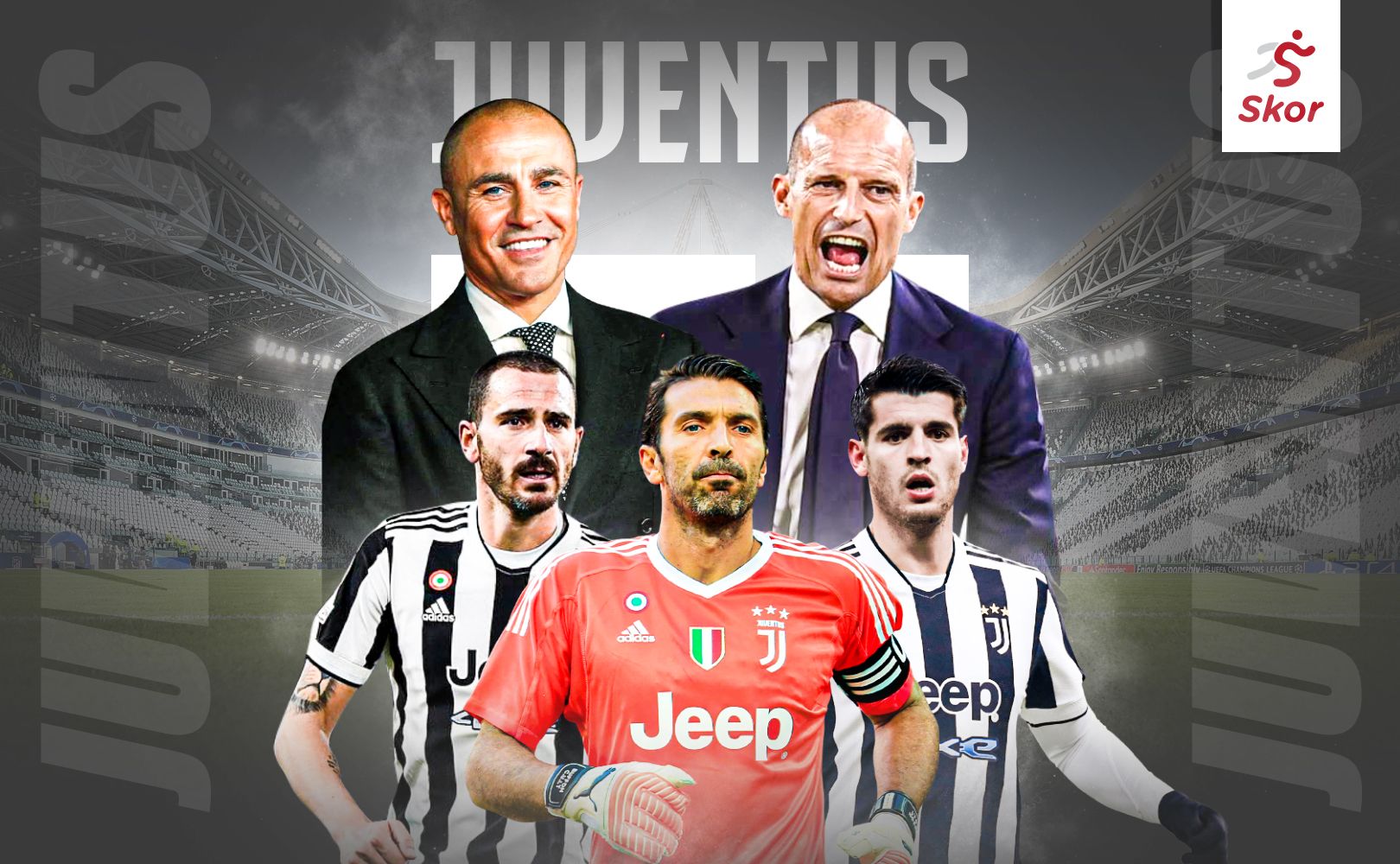 Mereka yang kembali ke Juventus (arah jarum jam): Fabio Cannavaro, Massimiliano Allegri, Alvaro Morata, Gianluigi Buffon, Leonardo Bonucci.