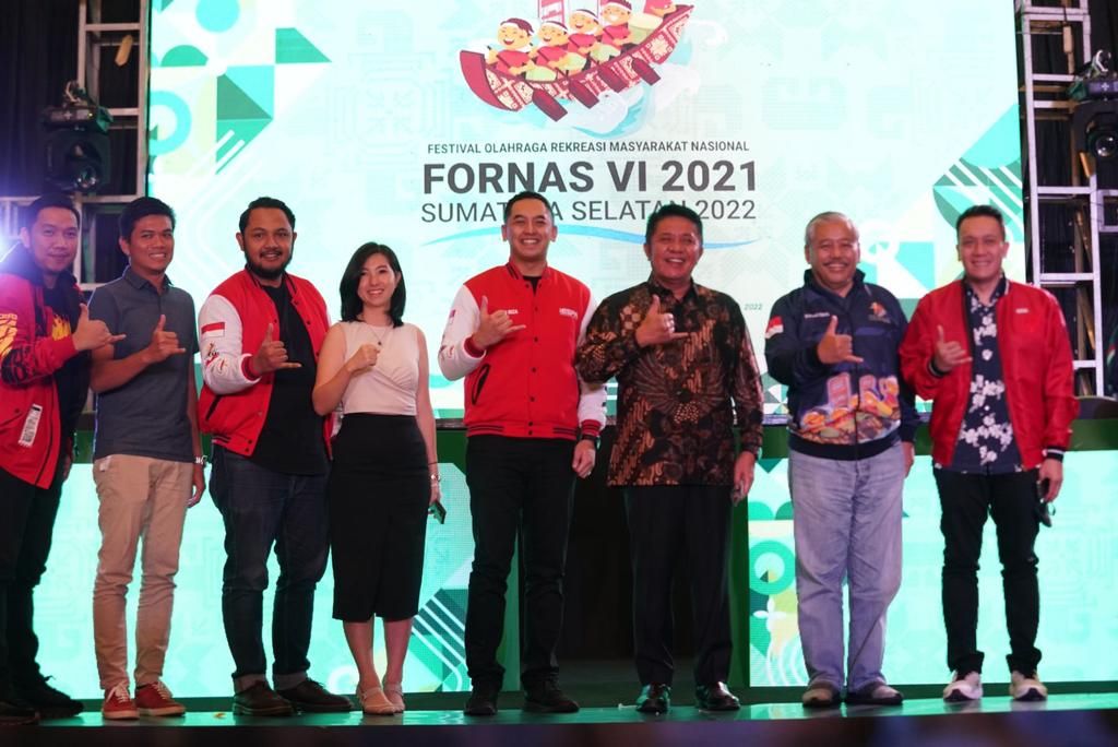 Diaz hendropriyono (kanan ke kiri), Hayono Isman (Ketua KORMI), Herman Deru (Gubernur Sumsel), Ketua Umum PN IESPA, Ibnu Riza Pradipto dalam pembukaan FORNAS 2022.