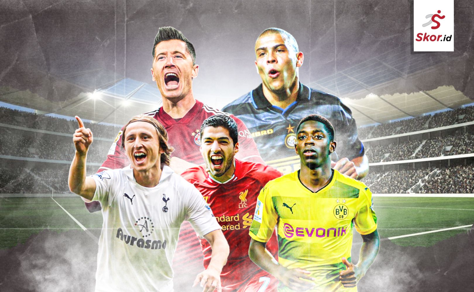 Cover Robert Lewandowski (Bayern Munchen), Ronaldo Nazario (Inter Milan), Luka Modric (Tottenham), Luis Suarez (Liverpool), Ousmane Dembele (Borussia Dortmund)
