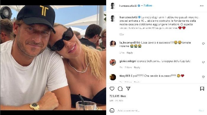 Francesco Totti dan Ilary Blasi menggunakan akun media sosial mereka masing-masing untuk mengabarkan keputusan mereka untuk berpisah setelah 20 tahun menikah.