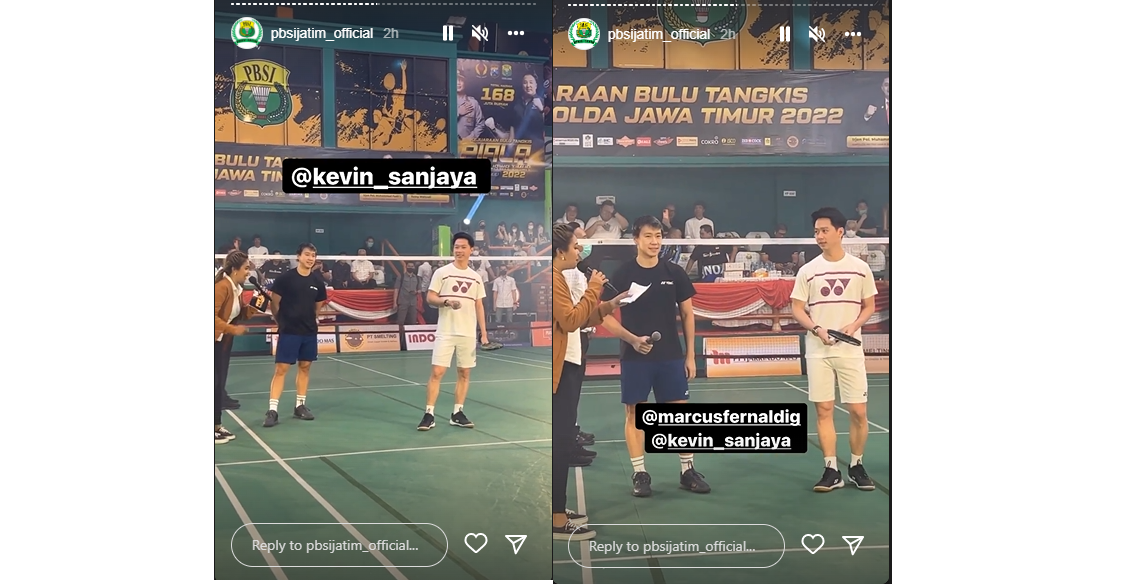 Tangkapan layar penampian Marcus/Kevin di laga amal untuk membuka final Piala Kapolda Jatim 2022 di Surabaya, Minggu (17/7/2022).