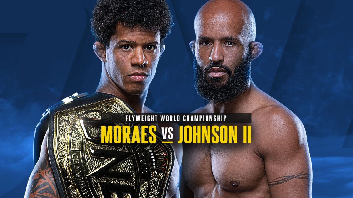Poster ONE 161 yang menyajikan laga Adriano Moraes vs Demetrious Johnson sebagai sajian utama.