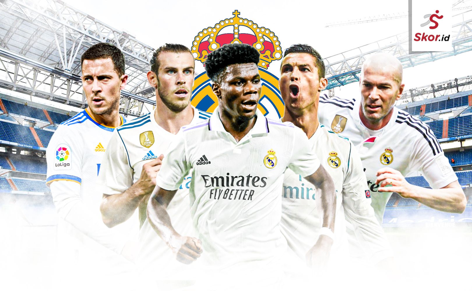 Pemain termahal Real Madrid: Eden Hazard, Gareth Bale, Aurelien Tchouameni, Cristiano Ronaldo, dan Zinedine Zidane.