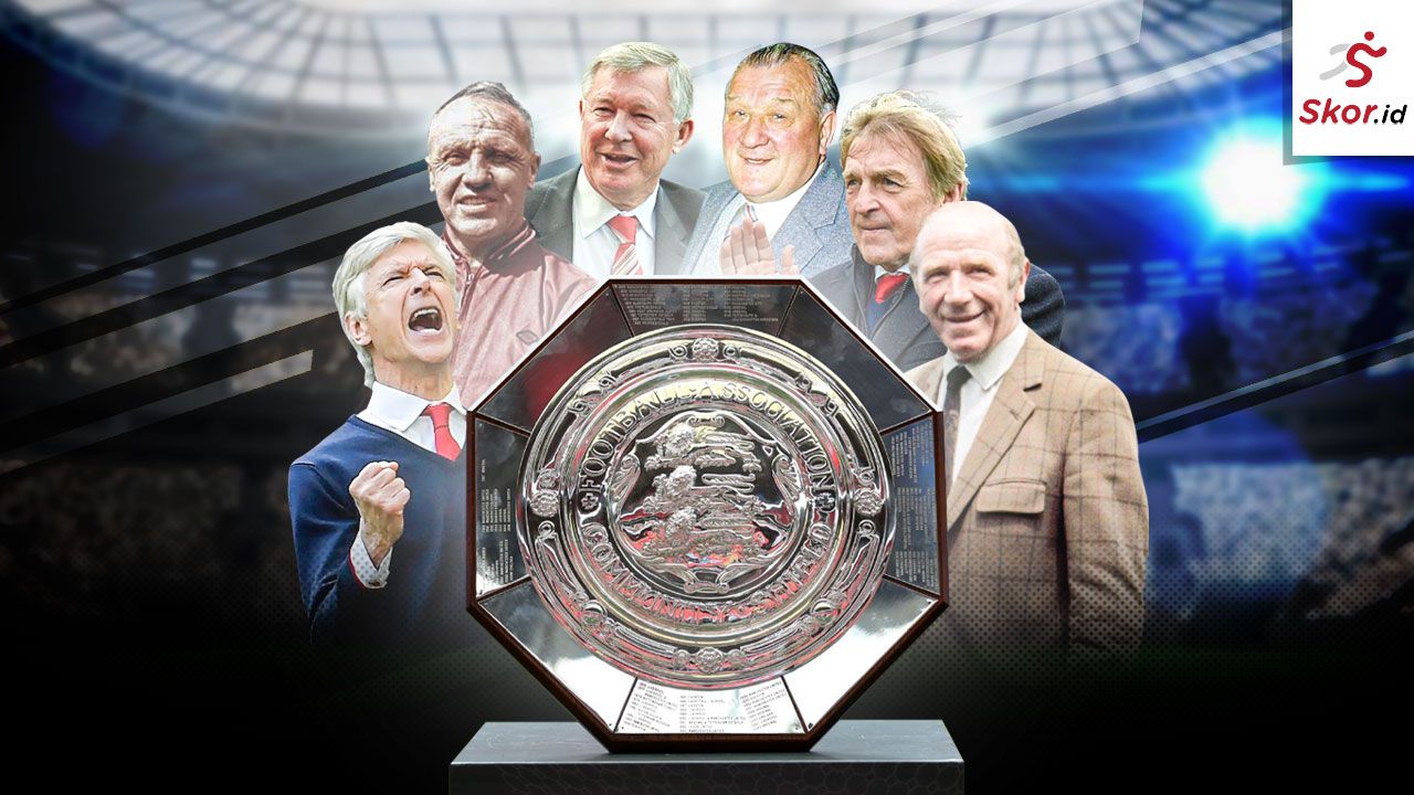 Barisan pelatih yang meraih trofi Community Shield terbanyak (ki-ka): Arsene Wenger, Bill Shankly, Alex Ferguson, Bob Paisley, Kenny Dalglish, dan Matt Busby