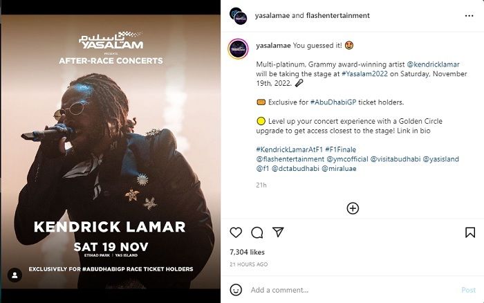 Penyelenggara balap F1 Grand Prix Abu Dhabi telah mengundang rapper Kendrick Lamar untuk tampil dalam seri Yasalam After-Race Concert di Etihad Park.