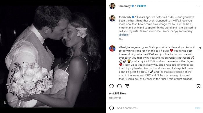 Tom Brady memposting foto bersama sang istri Gisele Bundchen pada bulan Februari lalu untuk menandai anniversary pernikahan mereka yang ke-13.