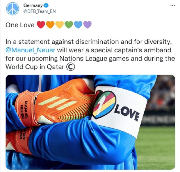 Tim nasional Jerman menyatakan sikap mereka untuk menentang aksi diskriminasi di Piala Dunia Qatar dengan mendukung kampanye OneLove.