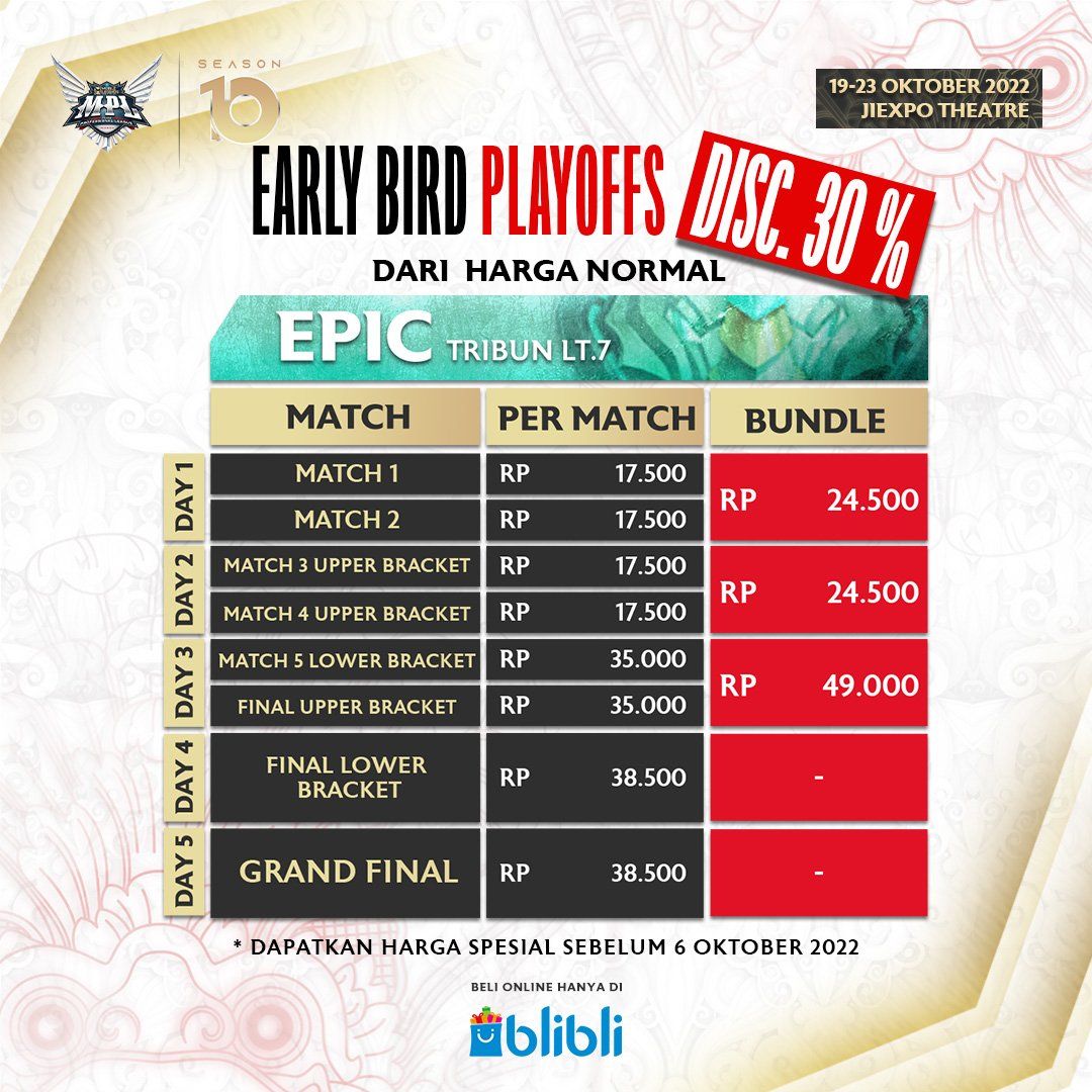 Harga Tiket Early Bird Babak Playoff MPL ID Season 10 - Bagian Epic