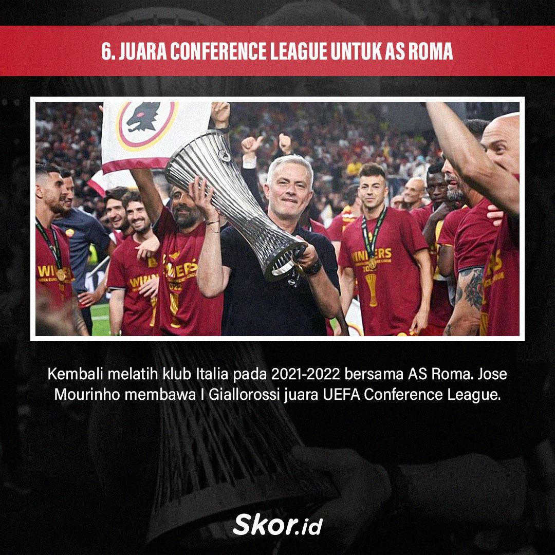 Jose Mourinho pada musim pertamanya di AS Roma dengan trofi Conference League.