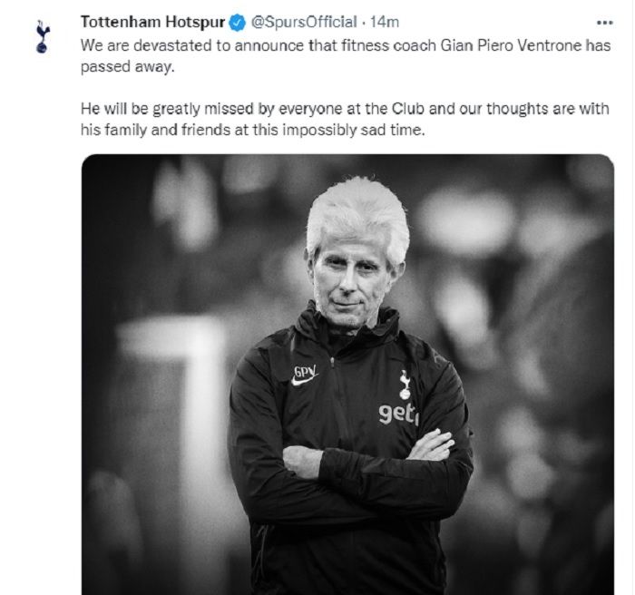 Tottenham Hotspur mengumumkan pelatih fisik Gian Piero Ventrone telah meninggal dunia pada Kamis pagi.