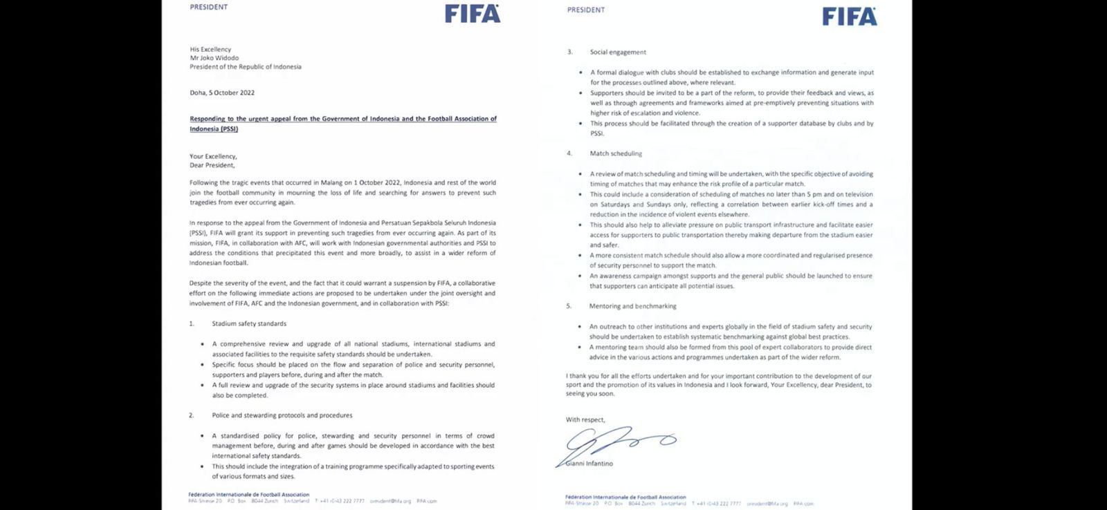 Tangkapan layar surat dari FIFA yang diterima Presiden Joko Widodo.