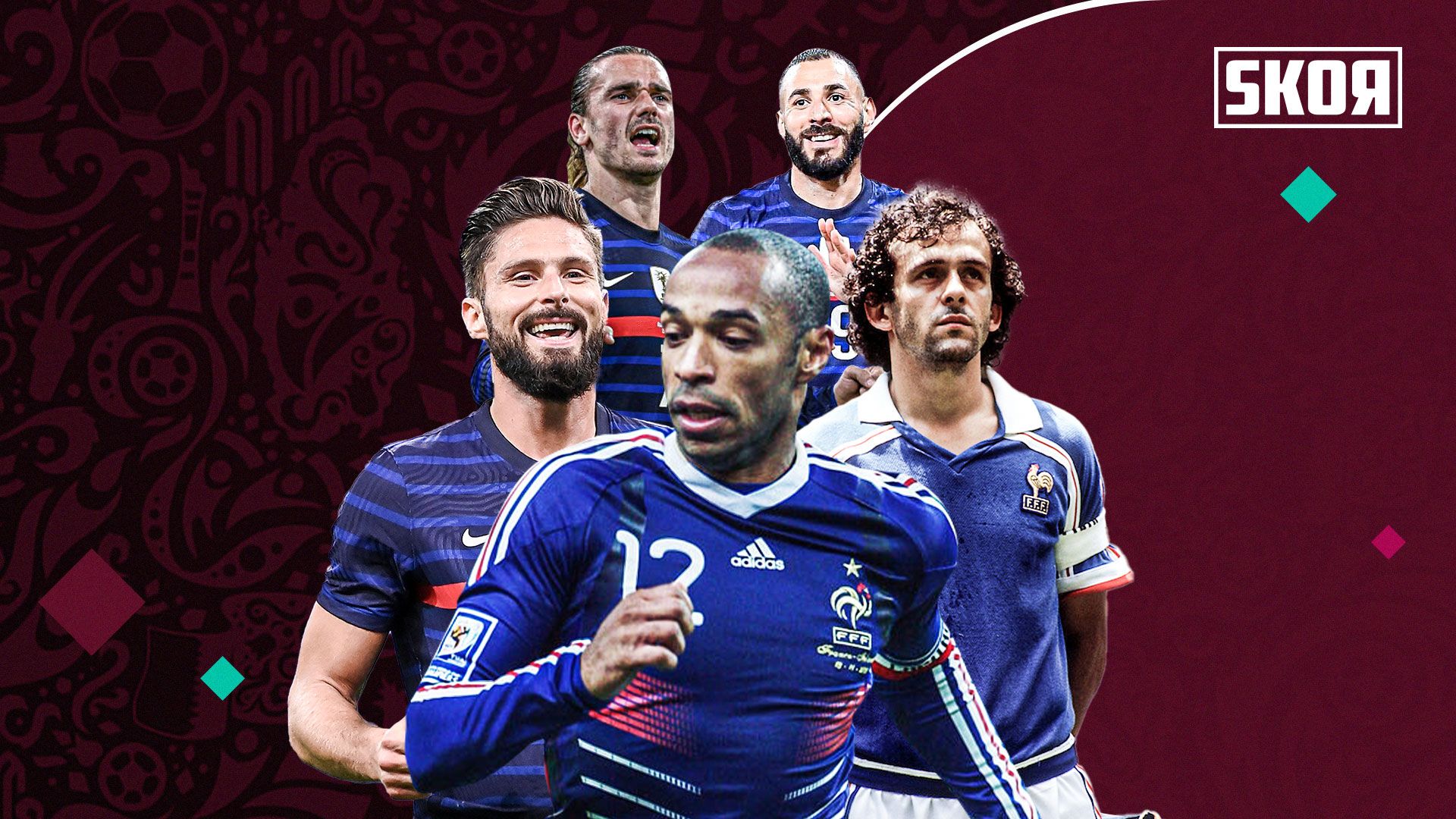 Cover para pencetak gol terbanyak timnas Prancis (arah jarum jam), Olivier Giroud, Antoine Griezmann, Karim Benzema, Michel Platini, dan Thierry Henry.