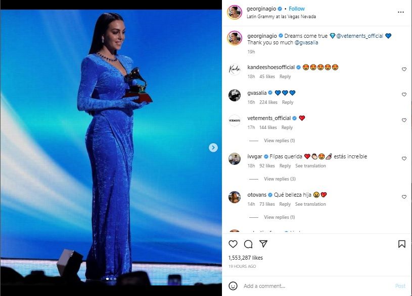 Georgina Rodriguez jadi salah satu pembaca anugerah Latin Grammy Awards 2022/Instagram @georginagio