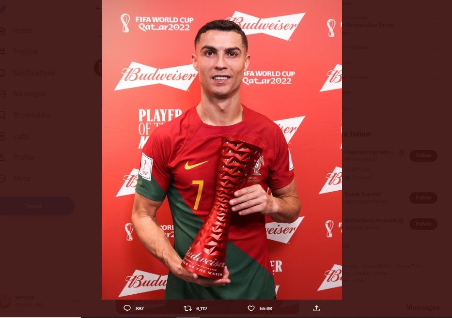 Striker Timnas Portugal, Cristiano Ronaldo, jadi MVP dalam laga lawan Ghana di Piala Dunia 2022 Qatar/Twitter @BRFootball