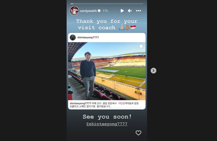 Tangkapan gambar Instagram Story Sandy Walsh setelah dikunjungi pelatih timnas Indonesia, Shin Tae-yong.