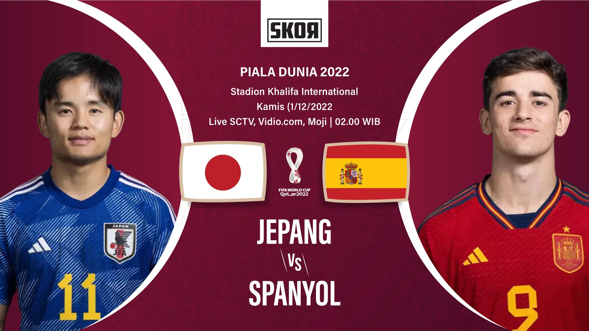 Pertandingan Jepang vs Spanyol di Piala Dunia 2022 menampilkan Takefusa Kubo dan Gavi.