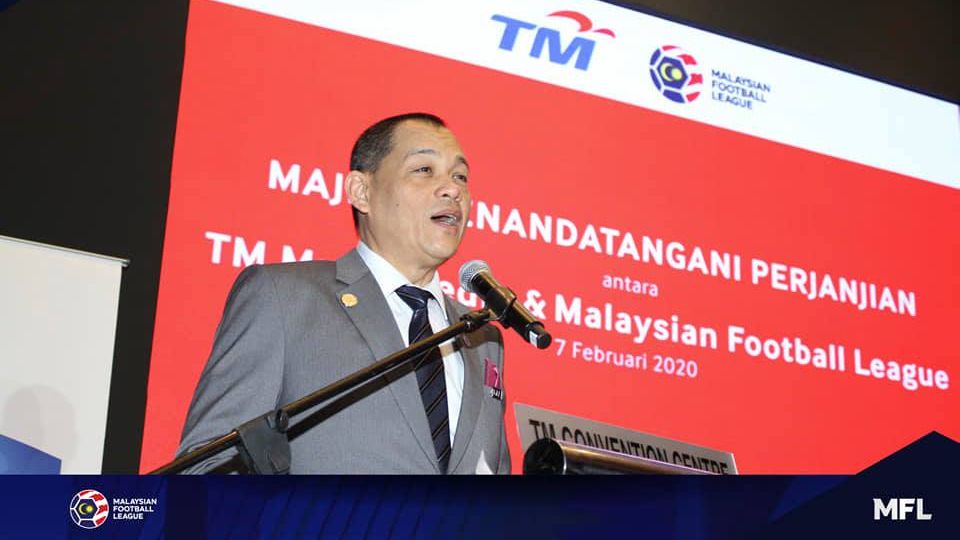 Presiden FAM sekaligus Presiden MFL, Datuk Hamidin Mohd Amin dalam sambutan saat pendantanganan kerja sama dengan TM yang jadi sponsor kompetisi sepak bola Malaysia musim 2020 di Kuala Lumpur, 7 Februari 2020.
