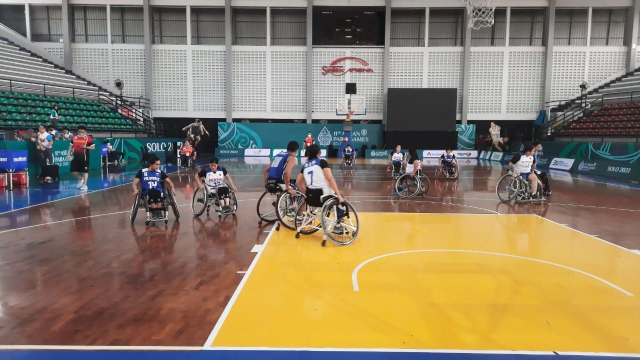 Tim basket kursi roda Filipina saat menjalani sesi latihan resmi di GOR Sritex Arena, Solo pada Jumat (29/7/2022) sebelum tampil di ASEAN Para Games 2022.