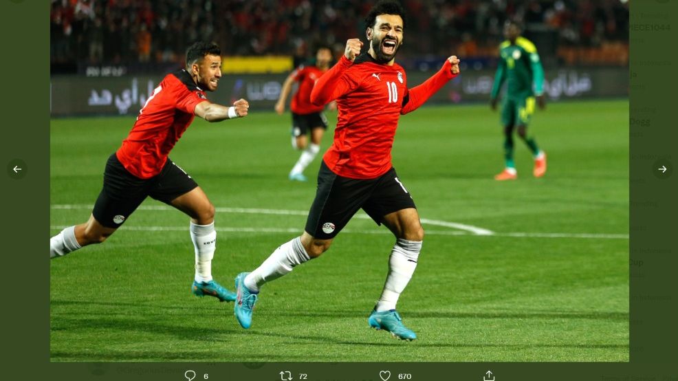 Selebrasi Mohamed Salah saat timnas Mesir berhasil menang atas Senegal di Kualifikasi Piala Dunia 2022, Sabtu (26/3/2022).
