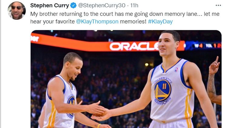 Cuitan Stephen Curry menyambut momentum comeback Klay Thompson ke pentas NBA pada Senin (10/1/2022) WIB.