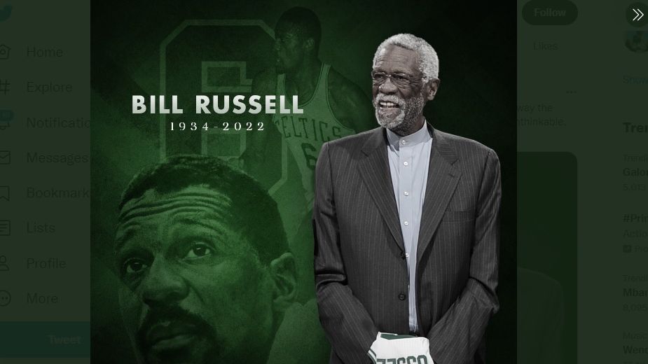 Cuitan gambar yang diunggah akun Twitter milik Boston Celtics untuk mengenang kepergian Bill Russell pada Senin (1/8/2022) dini hari WIB.
