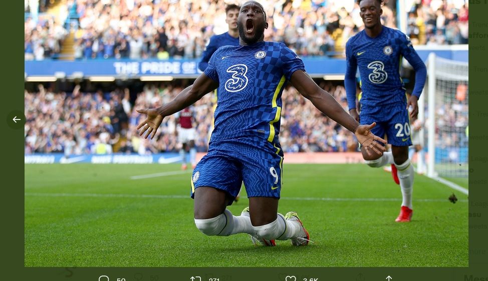 Penyerang Chelsea, Romelu Lukaku, saat merayakan gol yang dia ciptakan dalam laga lawan Aston Villa, Sabtu (11/9/2021) malam WIB.