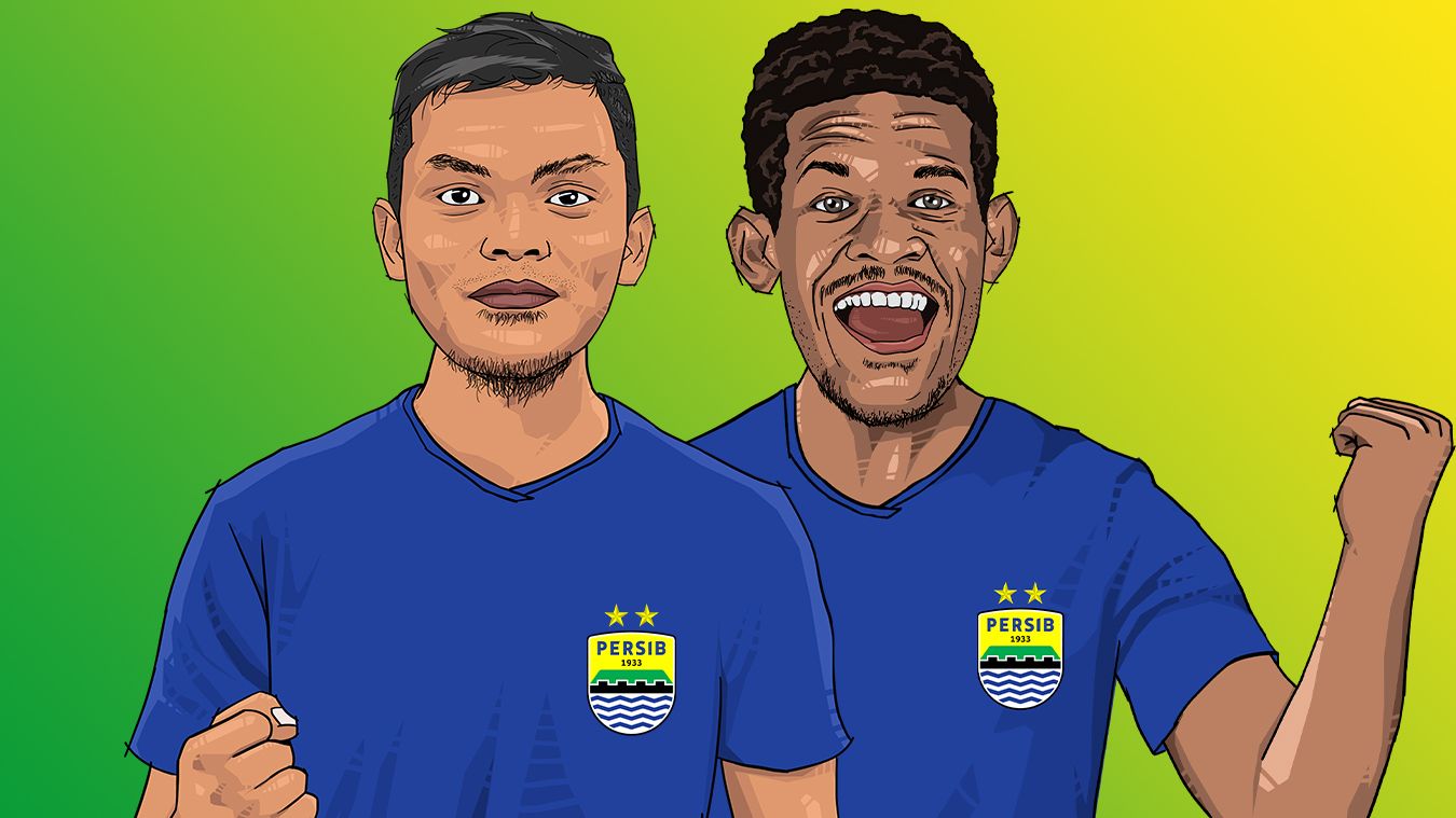 Ilustrasi Rachmat Irianto (kiri) dan Ricky Kambuaya (kanan) mengenakan jersey Persib.