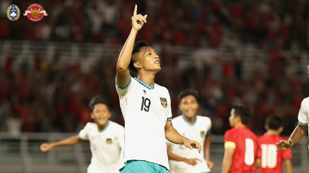 Striker timnas U-20 Indonesia, Rabbani Tasnim, usai mencetak gol ke gawang Hong Kong pada Kualifikasi Piala Asia U-20 2023.