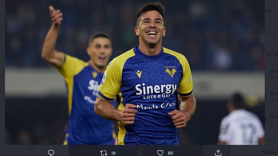 Penyerang Hellas Verona, Giovanni Simeone, yang mencetak dua gol ke gawang Juventus, Sabtu (30/10/2021) malam WIB.