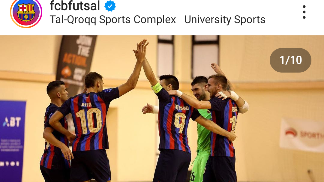 Para pemain Barca merayakan gol di babak utama Liga Champions Futsal 2022-2023, Oktober 2022.