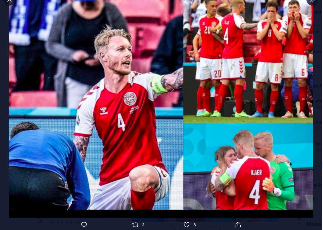 Bek timnas Denmark, Simon Kjaer, ketika menyelamatkan Christian Eriksen pada Piala Eropa 2020.