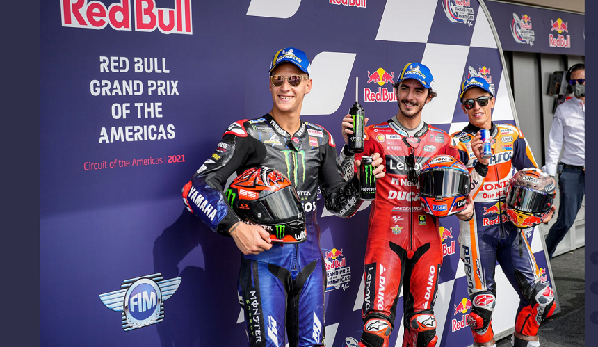 Pose Fabio Quartararo, Francesco Bagnaia, dan Marc Marquez yang mengisi grid terdepan di seri MotoGP Americas 2021.