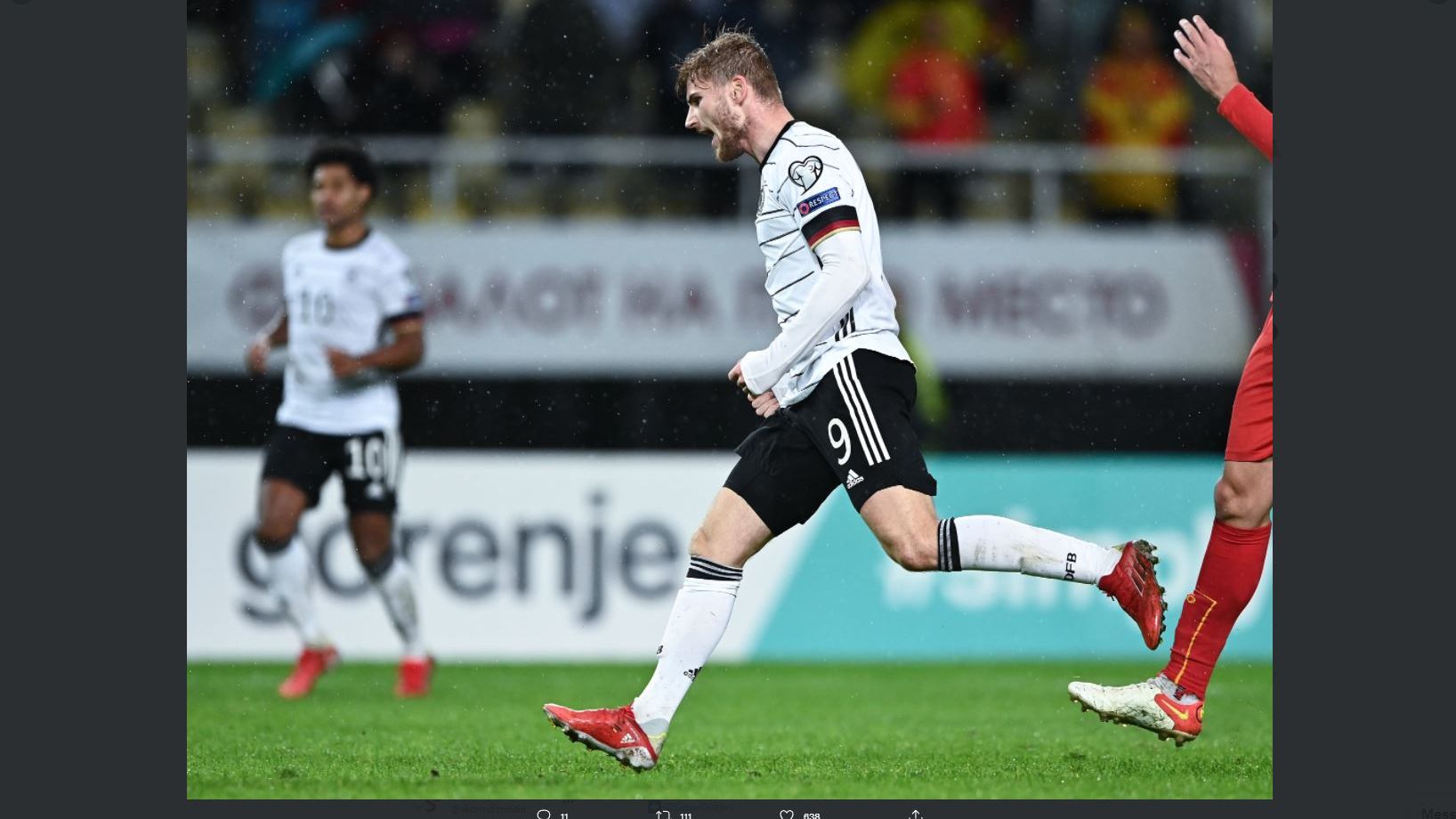 Penyerang timnas Jerman, Timo Werner, memborong dua gol ke gawang Makedonia Utara, di Kualifikasi Piala Dunia 2022, Selasa (12/10/2021).