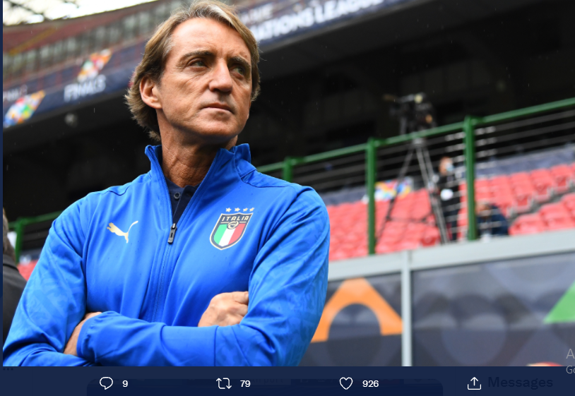 Pelatih Italia, Roberto Mancini jelang laga kontra Spanyol di semifinal UEFA Nations League.