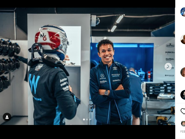 Tangkapan layar Instagram saat dua pembalap Williams Racing di F1 2022, Alexander Albon (hadap kamera) dan Nicholas Latifi, berbicang di garasi tim. 