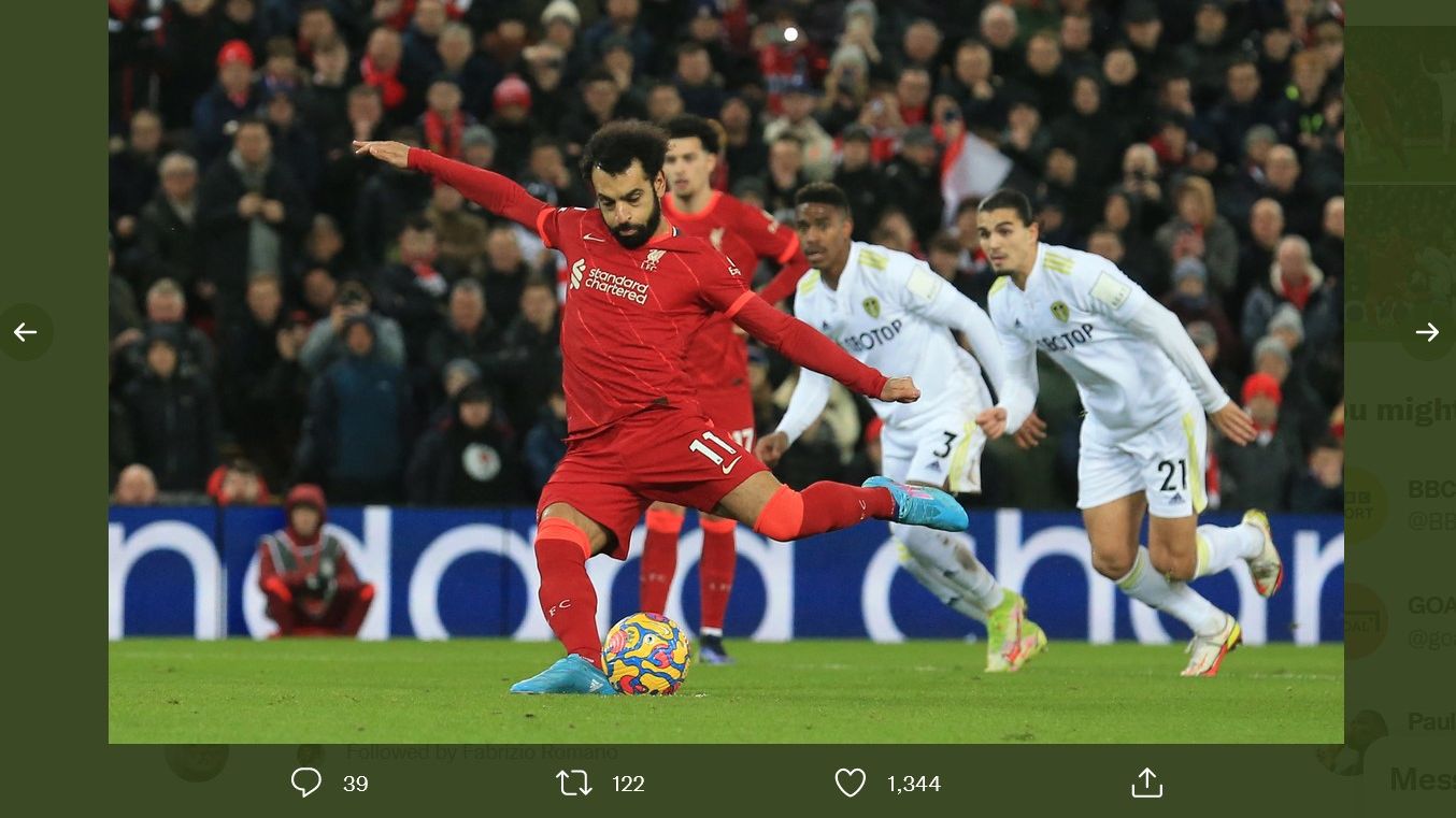 Mohamed Salah mencetak gol untuk Liverpool ke gawang Leeds United di Liga Inggris, Kamis (24/2/2022) dini hari WIB, melalui titik penalti.