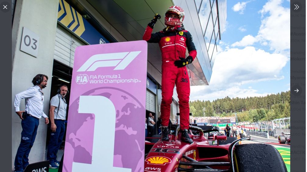 Selebrasi pembalap Ferrari, Charles Leclerc, setelah memenangi  F1 GP Austria 2022 di Red Bull Ring pada Minggu (10/7/2022).