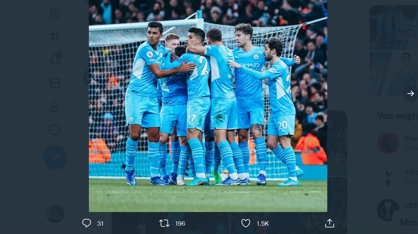 Para pemain Manchester City merayakan gol ke gawang Brentford di Liga Inggris, Kamis (10/2/2022).