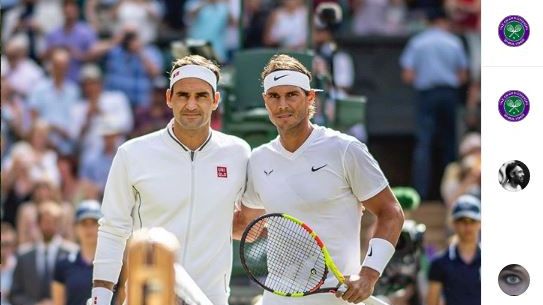 Potret Roger Federer (kiri) dan Rafael Nadal ketika tampil di salah satu pertandingan Wimbledon Open.