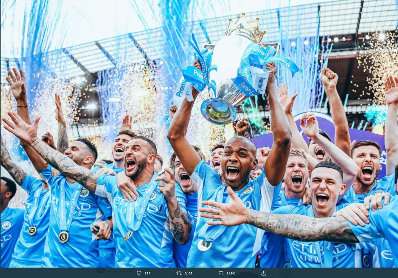 Manchester City merayakan gelar juara LIga Inggris 2021-2022.