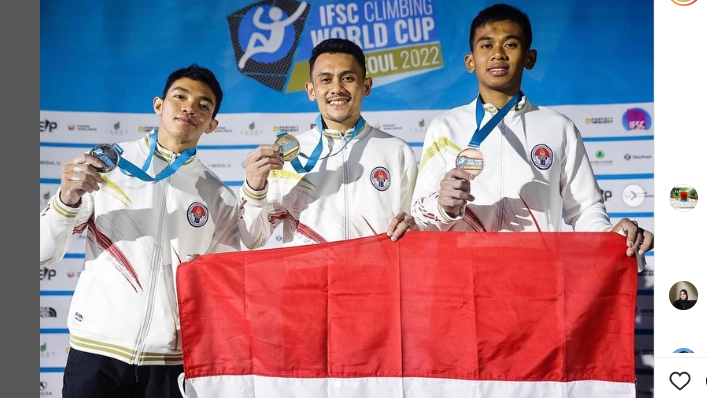 Kiromal Katibin, Veddriq Leonardo, dan Rahmad Adi (dari kiri ke kanan) menyapu bersih podium Piala Dunia Panjat Tebing 2022 nomor speed putra.